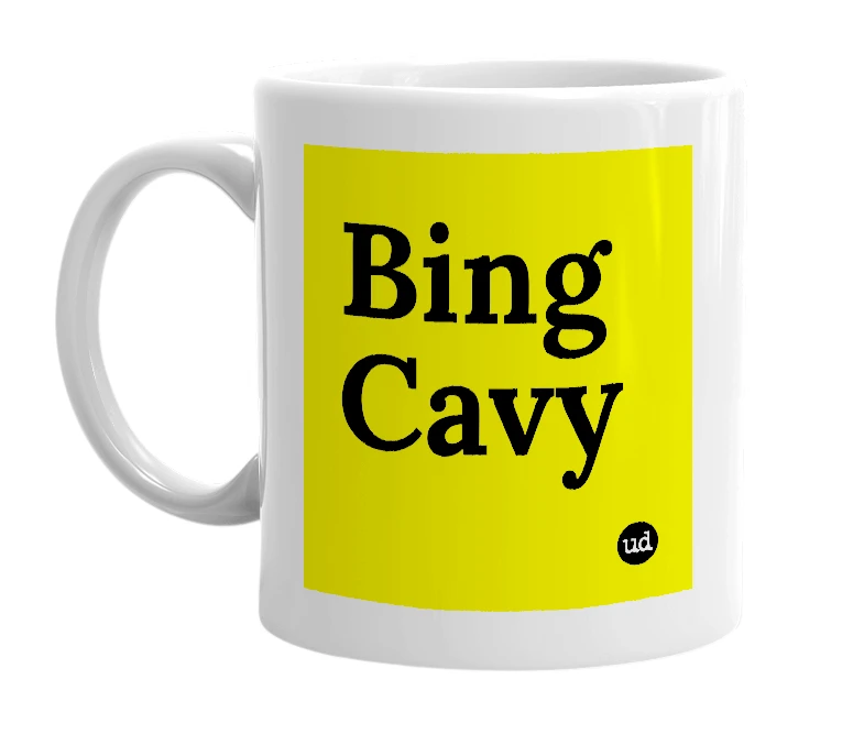White mug with 'Bing Cavy' in bold black letters