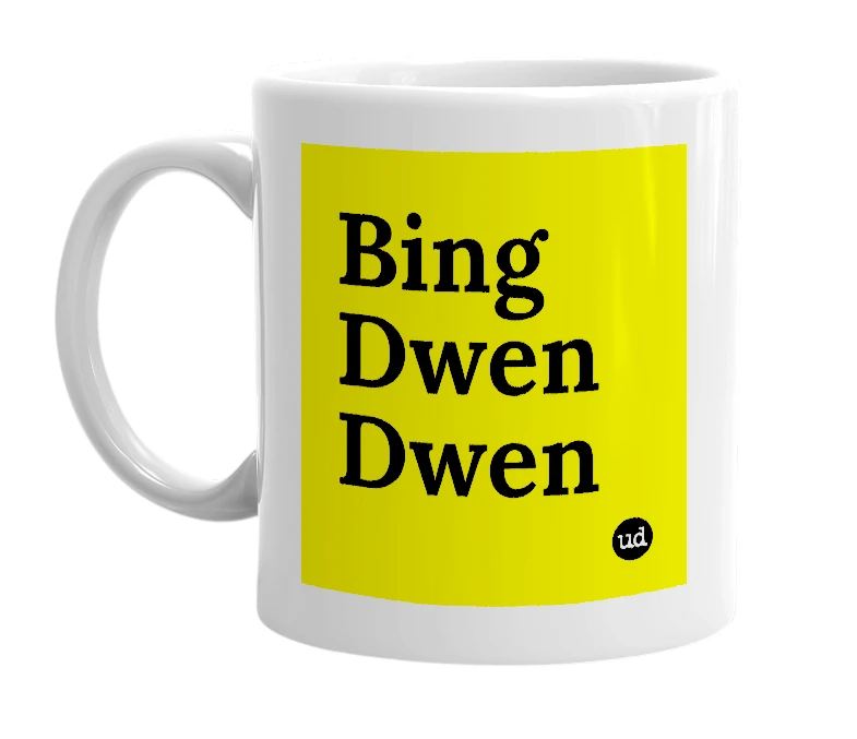 White mug with 'Bing Dwen Dwen' in bold black letters