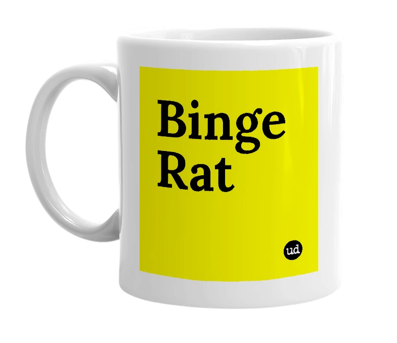 White mug with 'Binge Rat' in bold black letters