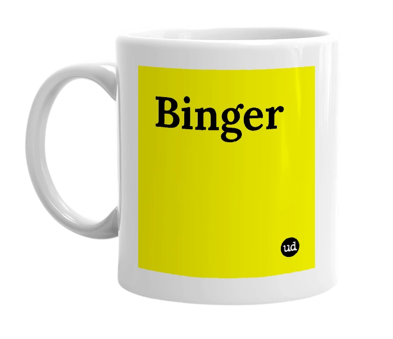 White mug with 'Binger' in bold black letters