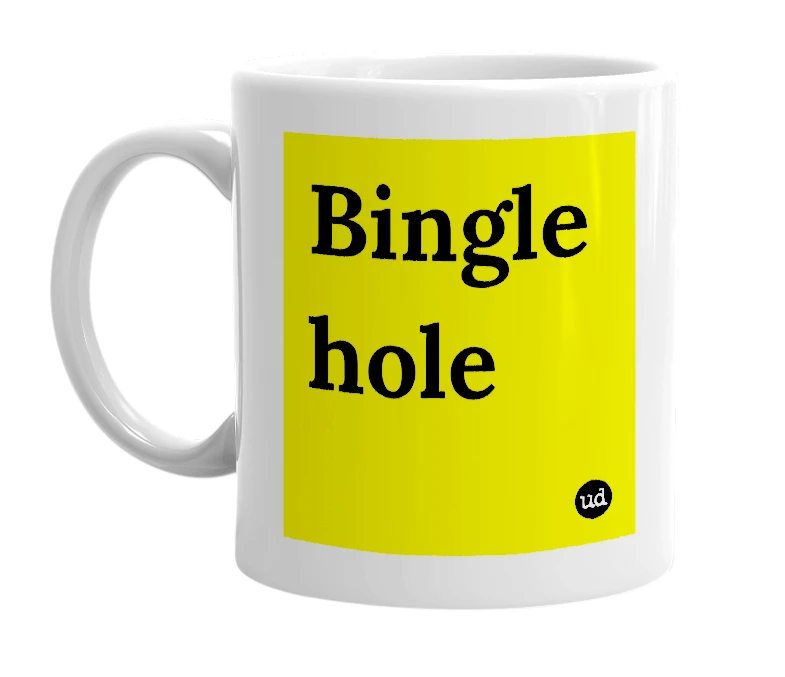 White mug with 'Bingle hole' in bold black letters