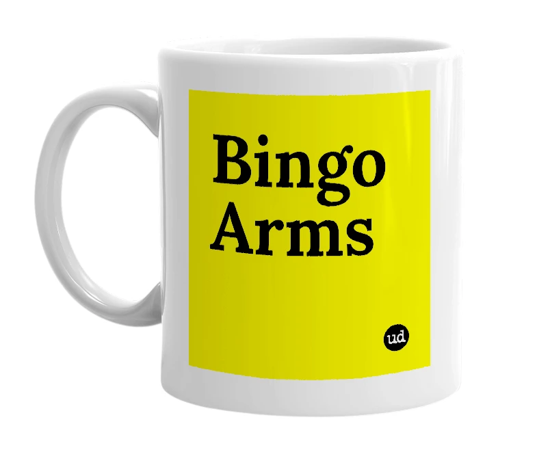 White mug with 'Bingo Arms' in bold black letters