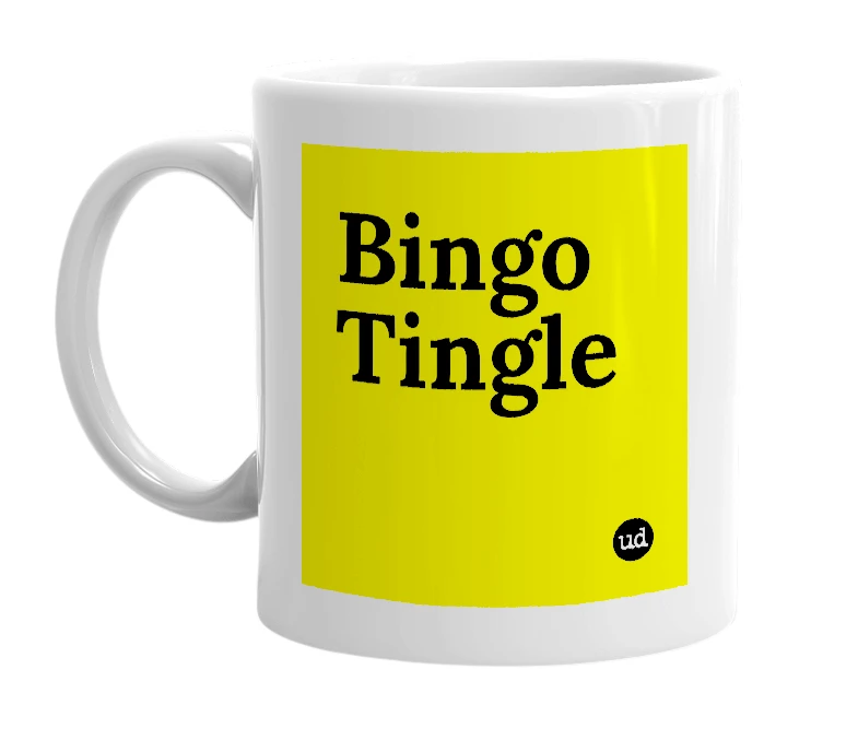 White mug with 'Bingo Tingle' in bold black letters