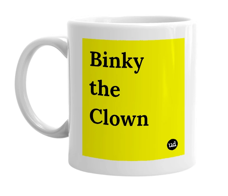 White mug with 'Binky the Clown' in bold black letters
