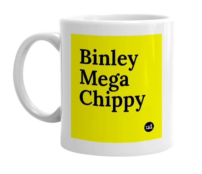 White mug with 'Binley Mega Chippy' in bold black letters