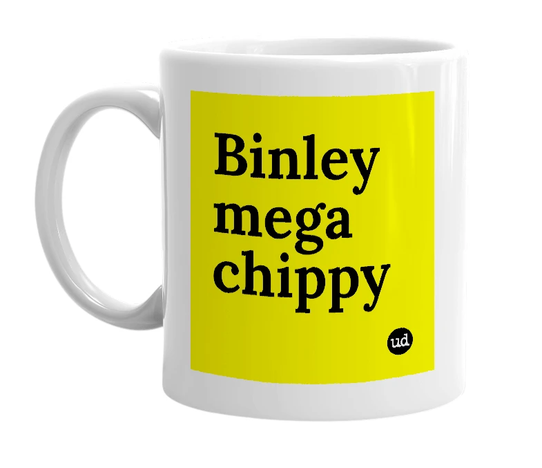 White mug with 'Binley mega chippy' in bold black letters