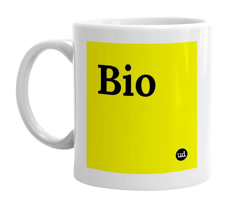 White mug with 'Bio' in bold black letters