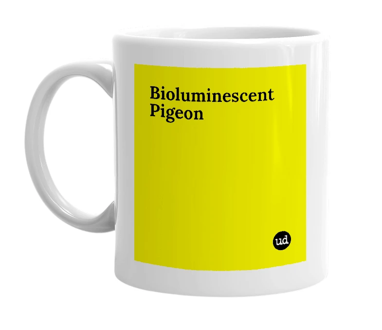 White mug with 'Bioluminescent Pigeon' in bold black letters