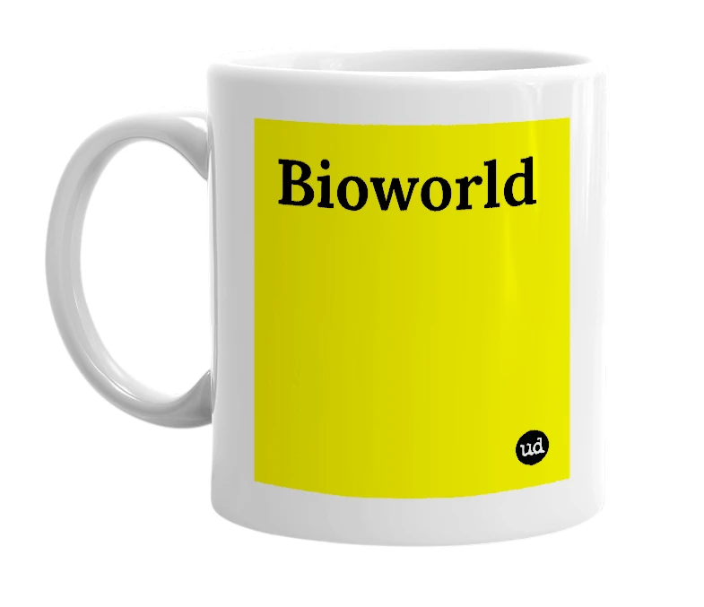 White mug with 'Bioworld' in bold black letters