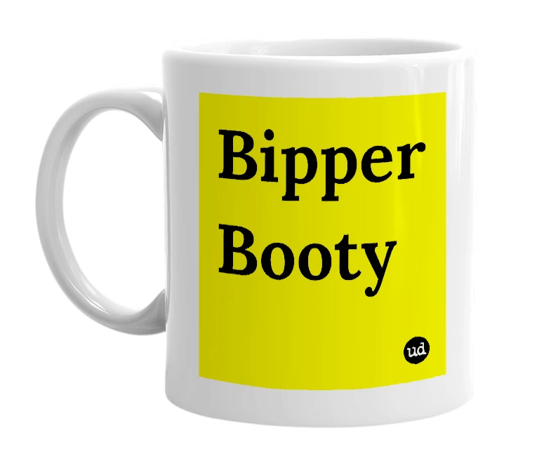 White mug with 'Bipper Booty' in bold black letters