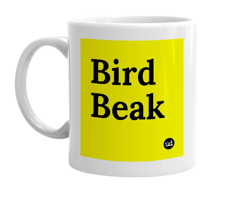 White mug with 'Bird Beak' in bold black letters