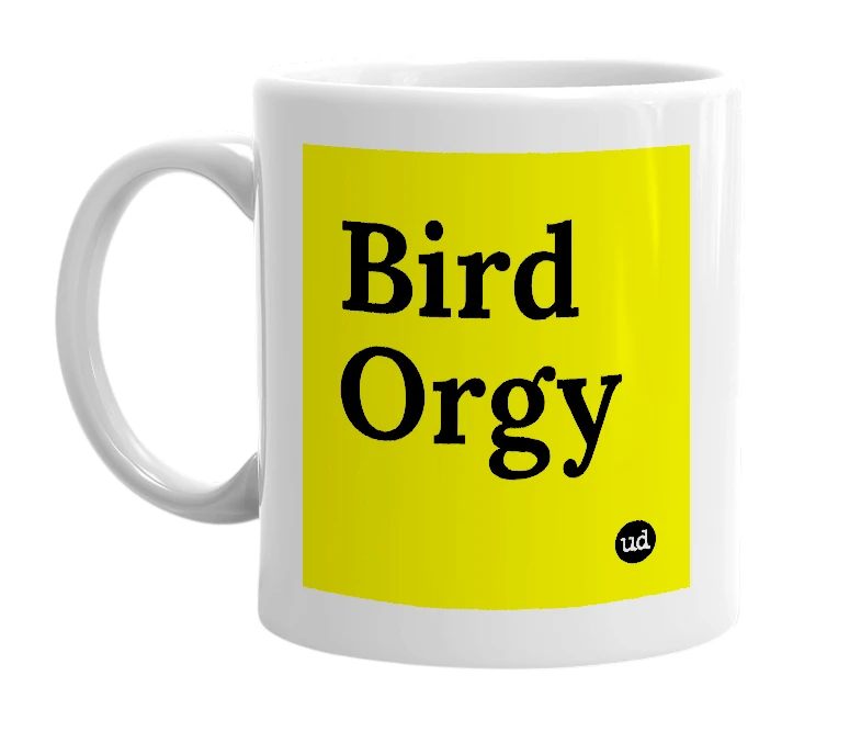 White mug with 'Bird Orgy' in bold black letters