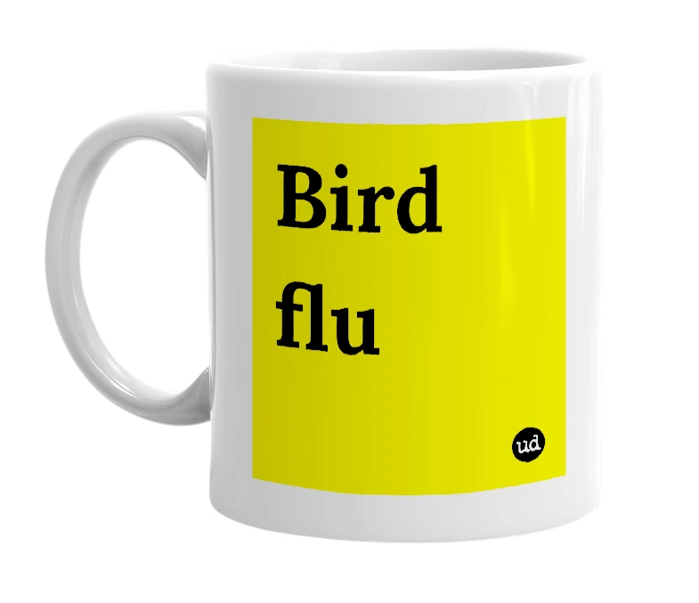 White mug with 'Bird flu' in bold black letters
