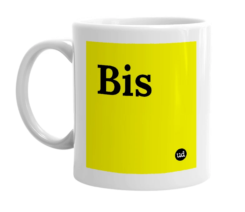 White mug with 'Bis' in bold black letters