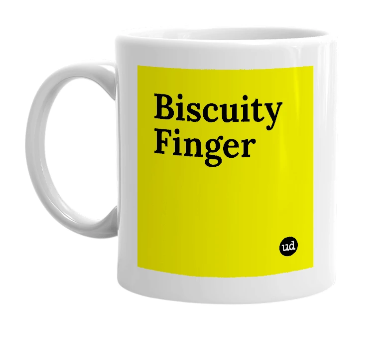 White mug with 'Biscuity Finger' in bold black letters