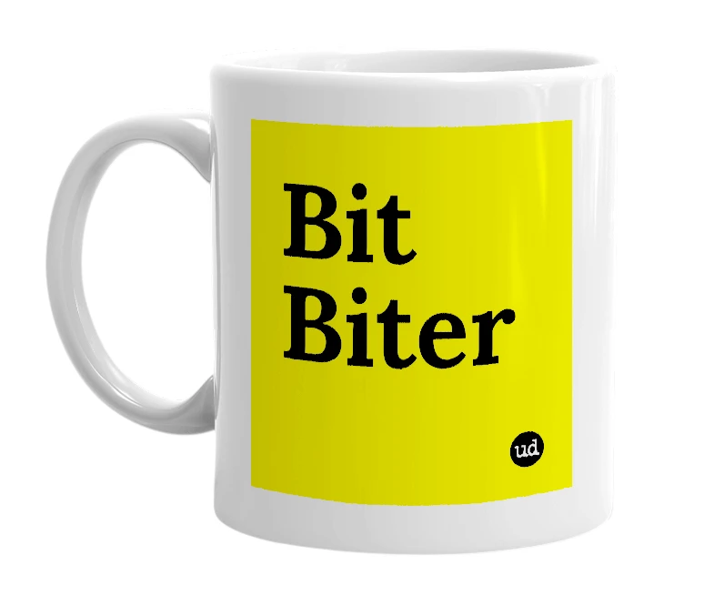 White mug with 'Bit Biter' in bold black letters