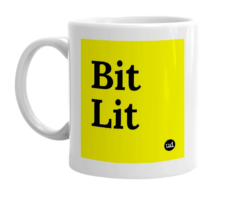 White mug with 'Bit Lit' in bold black letters