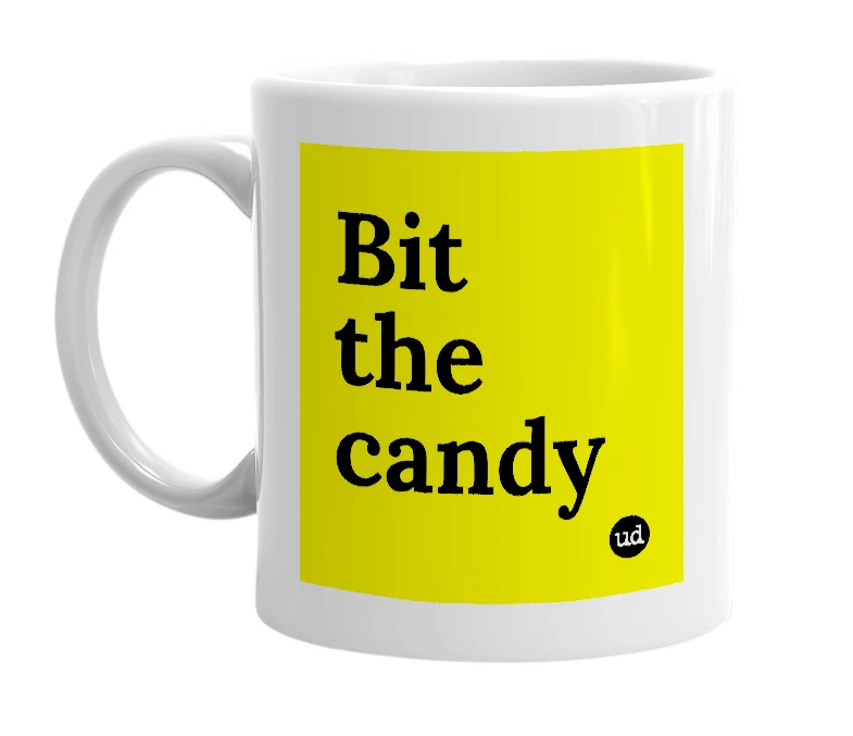 White mug with 'Bit the candy' in bold black letters