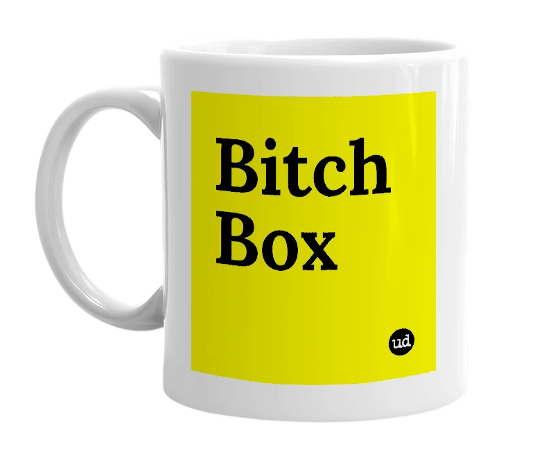 White mug with 'Bitch Box' in bold black letters