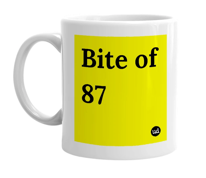 White mug with 'Bite of 87' in bold black letters