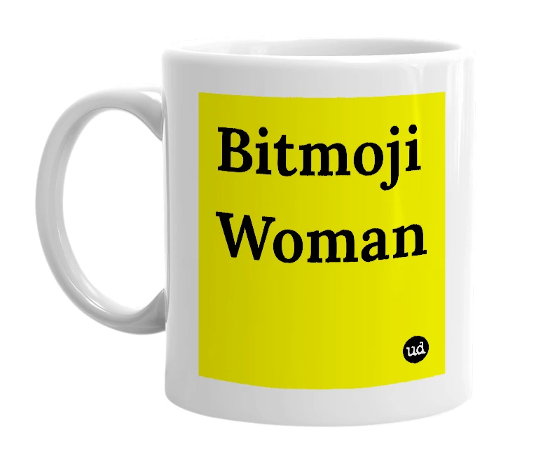 White mug with 'Bitmoji Woman' in bold black letters