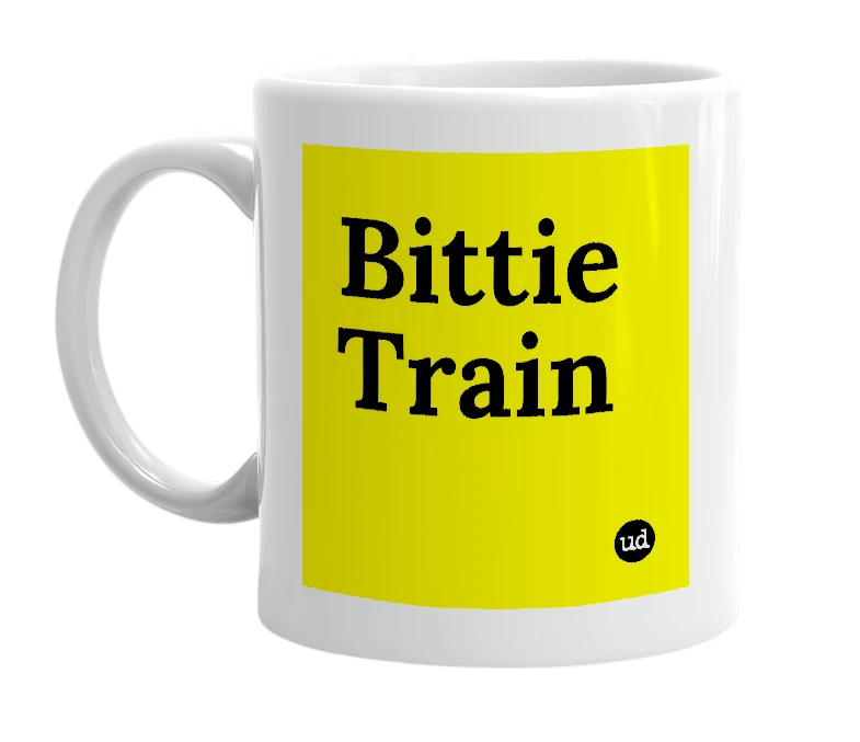 White mug with 'Bittie Train' in bold black letters