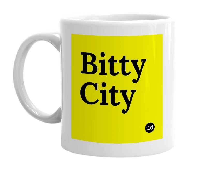 White mug with 'Bitty City' in bold black letters