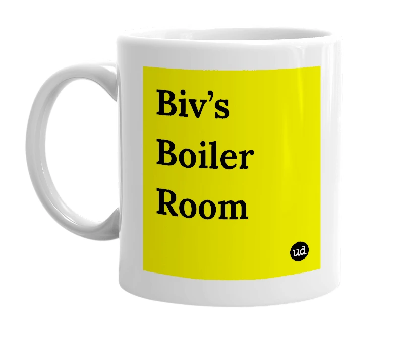 White mug with 'Biv’s Boiler Room' in bold black letters