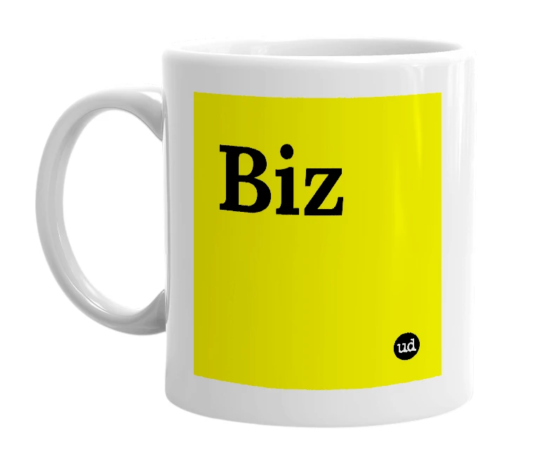 White mug with 'Biz' in bold black letters