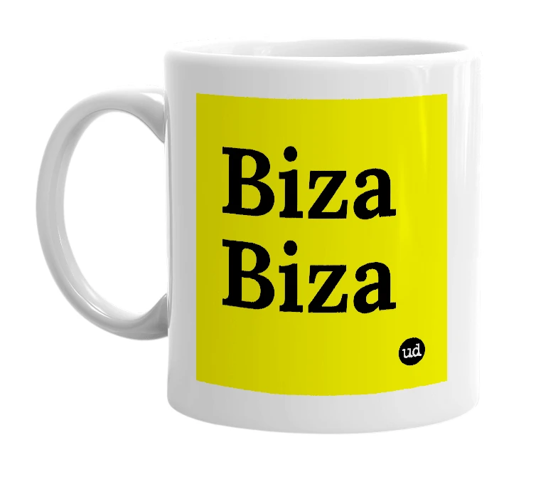 White mug with 'Biza Biza' in bold black letters
