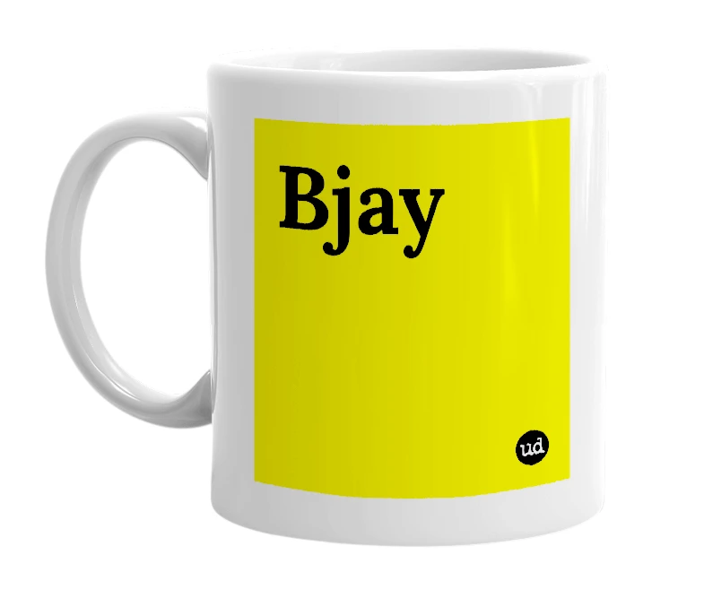 White mug with 'Bjay' in bold black letters