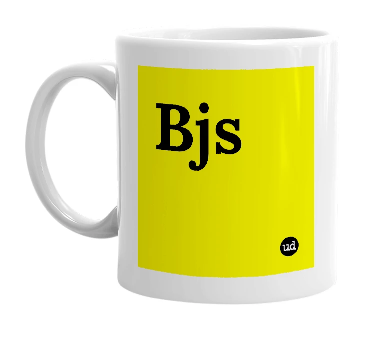 White mug with 'Bjs' in bold black letters