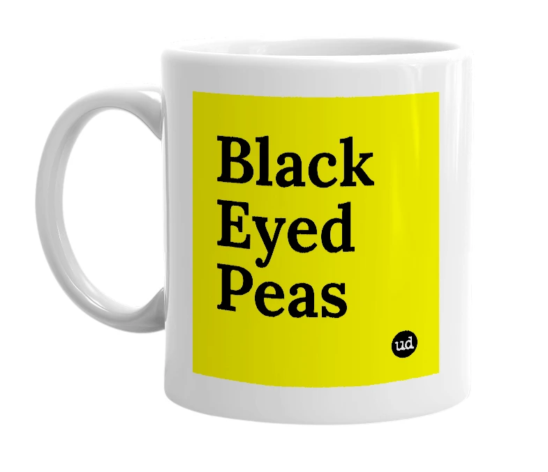 White mug with 'Black Eyed Peas' in bold black letters