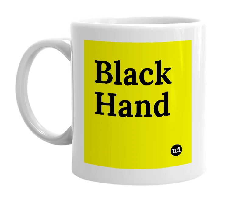 White mug with 'Black Hand' in bold black letters