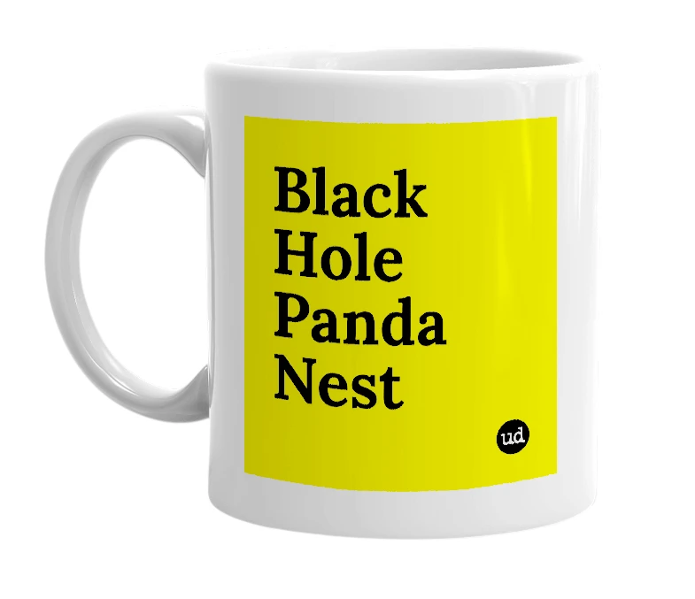 White mug with 'Black Hole Panda Nest' in bold black letters