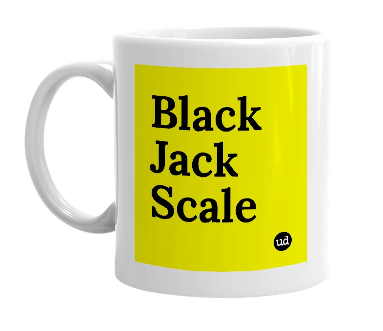 White mug with 'Black Jack Scale' in bold black letters