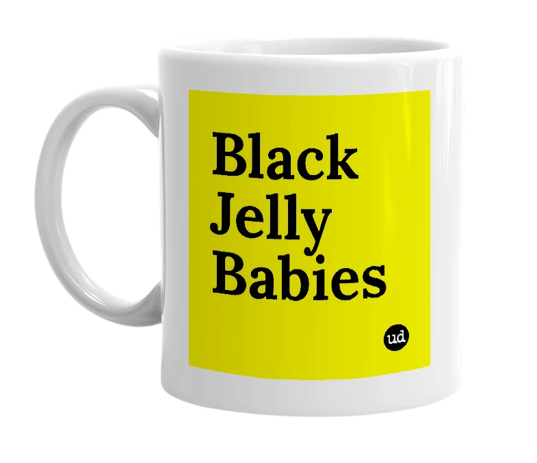 White mug with 'Black Jelly Babies' in bold black letters