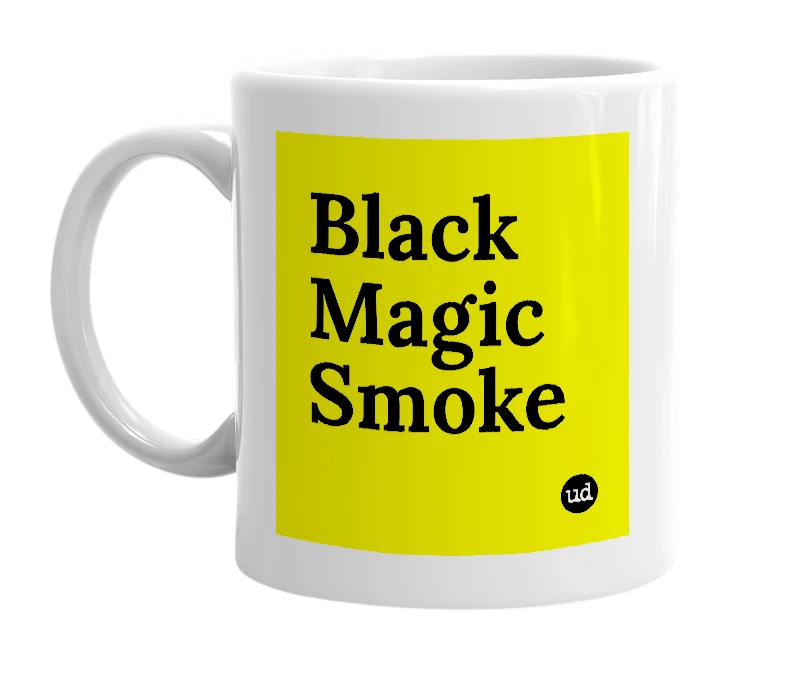 White mug with 'Black Magic Smoke' in bold black letters