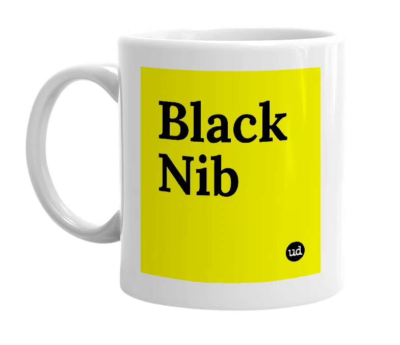 White mug with 'Black Nib' in bold black letters