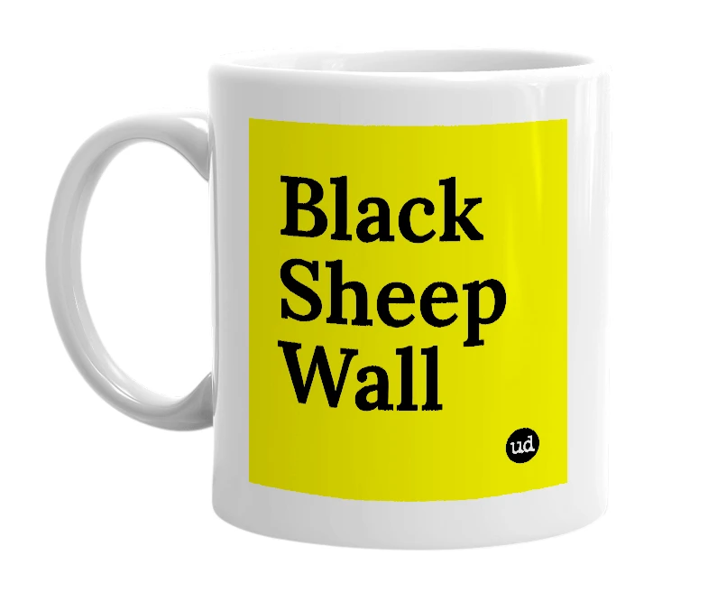 White mug with 'Black Sheep Wall' in bold black letters