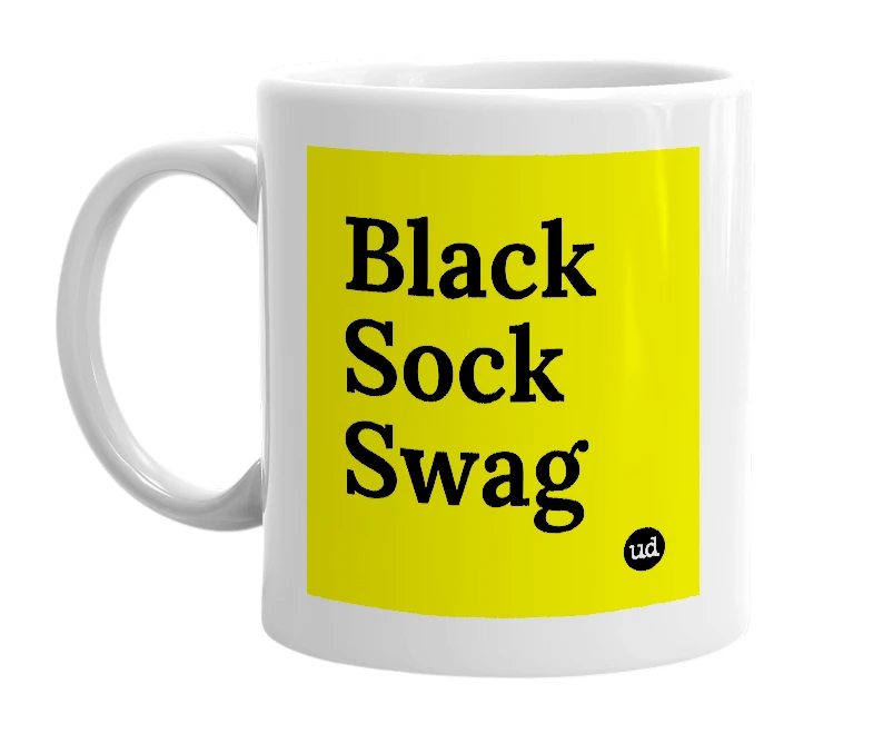 White mug with 'Black Sock Swag' in bold black letters