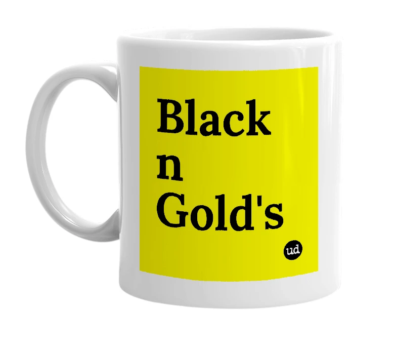 White mug with 'Black n Gold's' in bold black letters