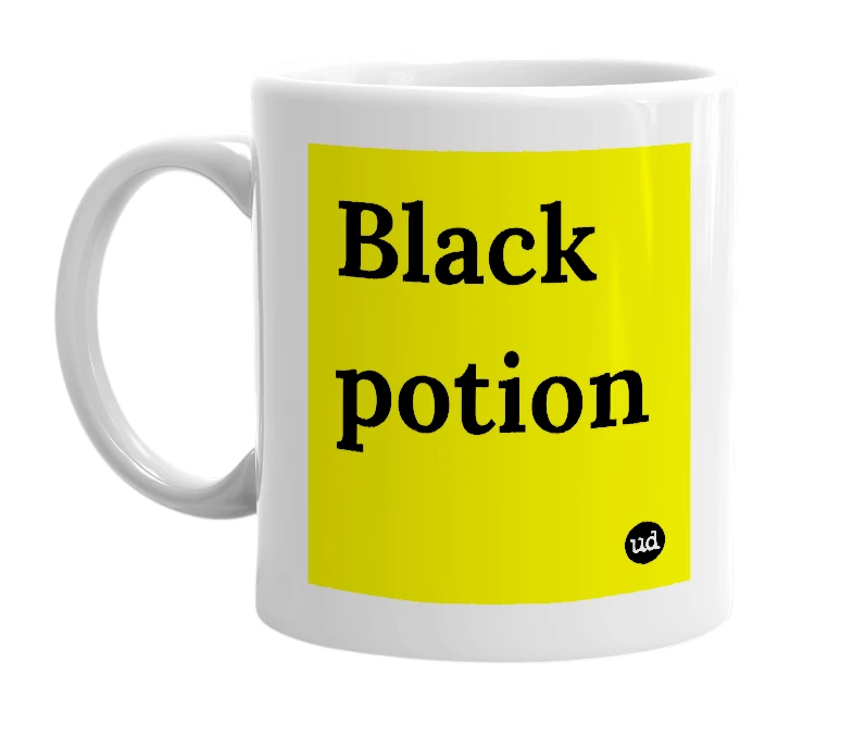 White mug with 'Black potion' in bold black letters