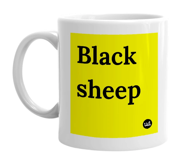 White mug with 'Black sheep' in bold black letters