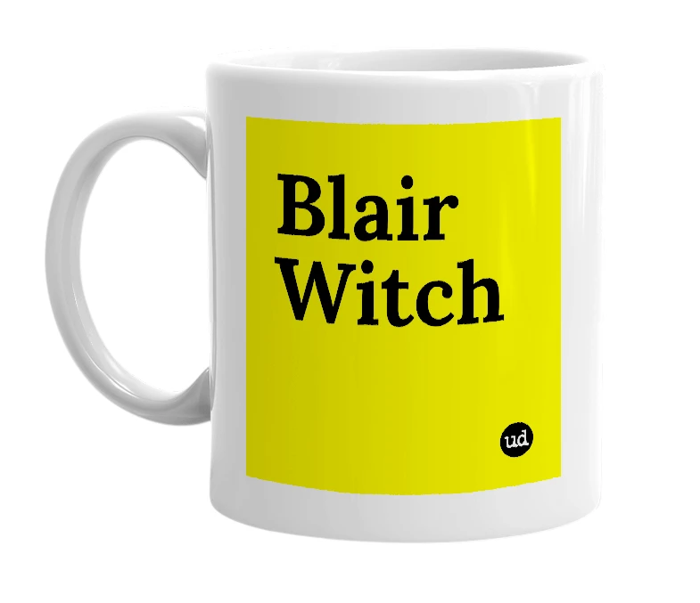 White mug with 'Blair Witch' in bold black letters