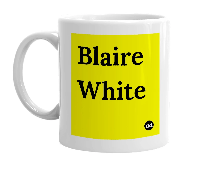 White mug with 'Blaire White' in bold black letters