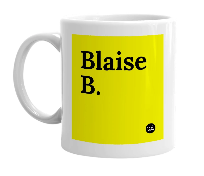 White mug with 'Blaise B.' in bold black letters