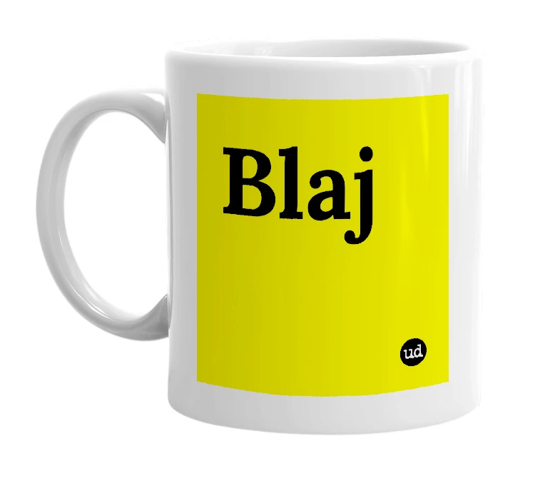 White mug with 'Blaj' in bold black letters