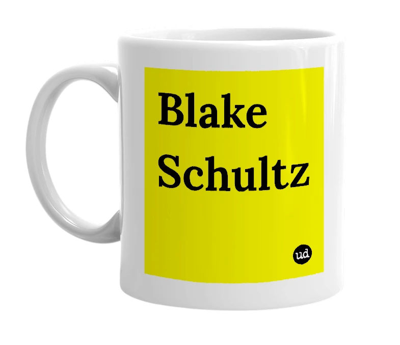 White mug with 'Blake Schultz' in bold black letters
