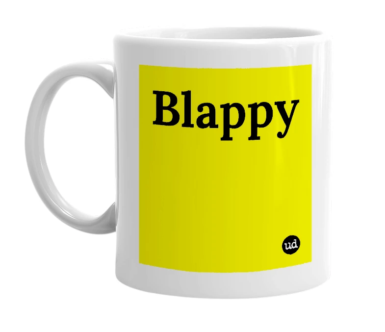 White mug with 'Blappy' in bold black letters